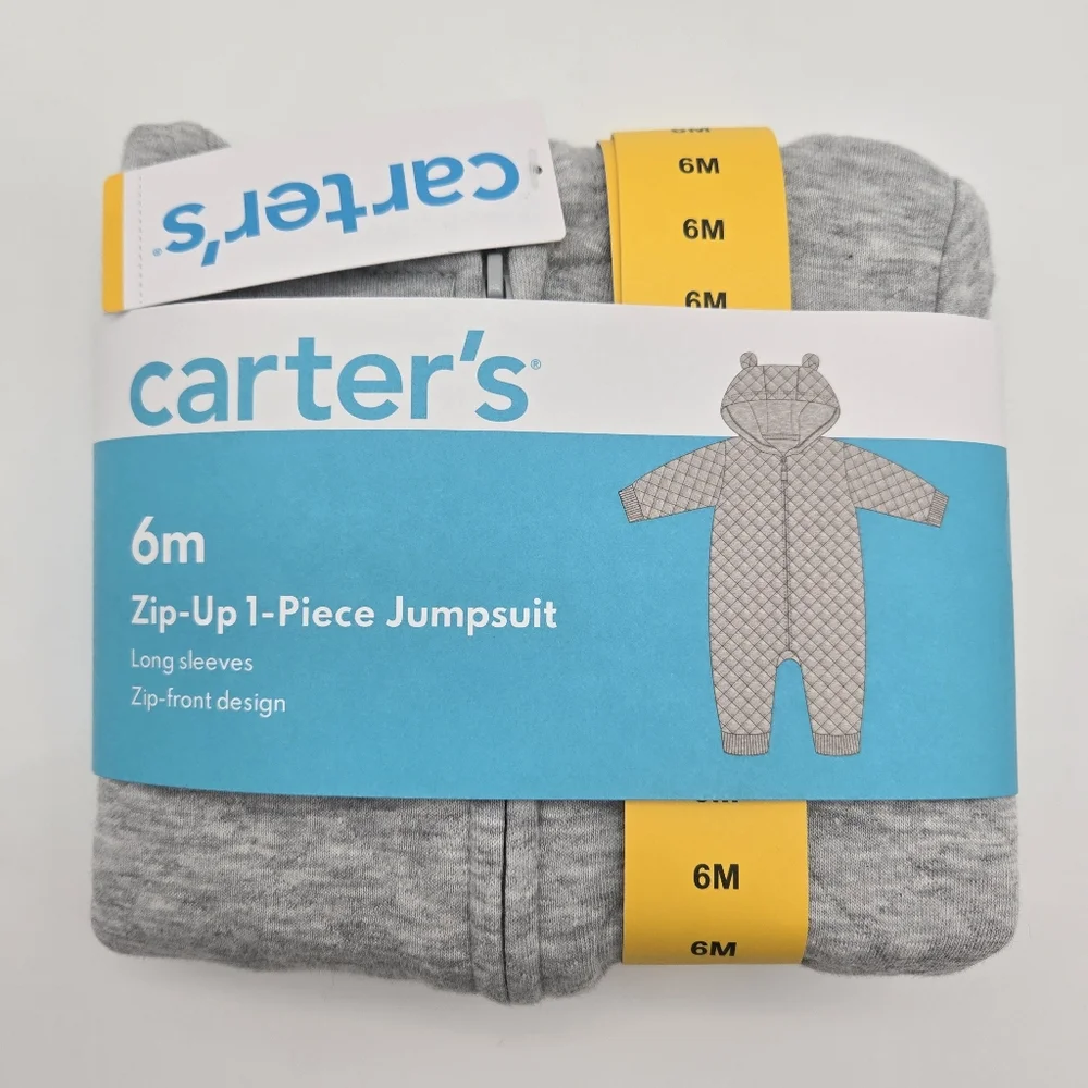 NEW Carters Hooded Gray Bear Quilted Zip Up 1 Piece Jumpsuit Infant Size 6M